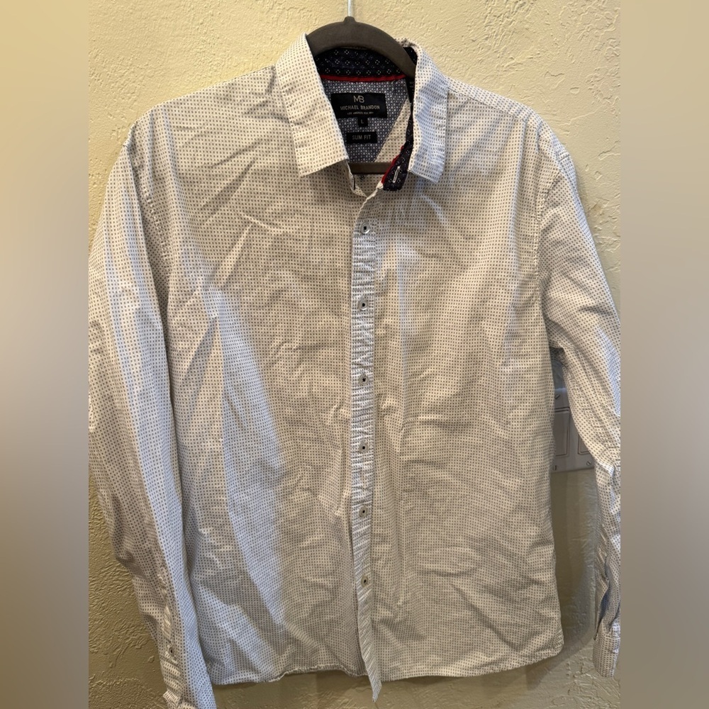 Michael Brandon Blue and White Patterned Slim Fit Sz L Men’s button down Shirt